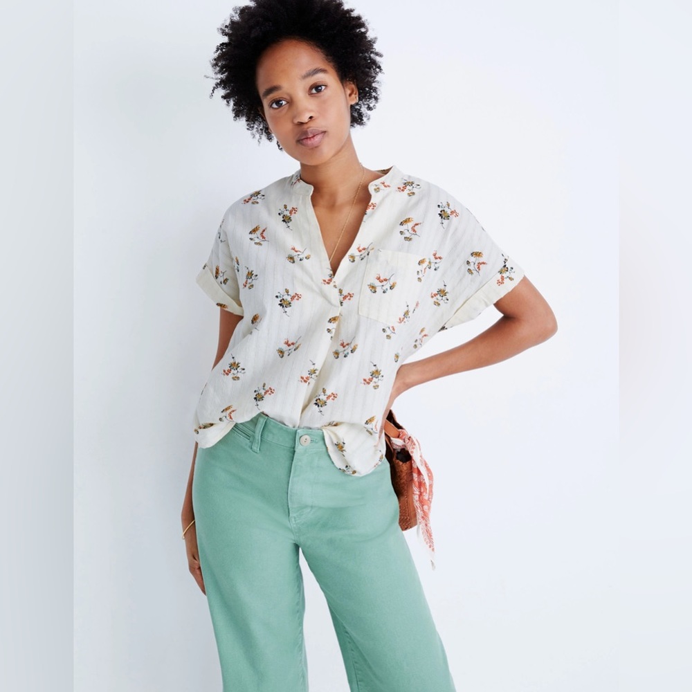 Madewell Floral Short Sleeve Top - Cream and Orange